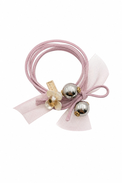 Jack Ferrero Pink Flower and Gray Bead Detailed Flexible Hair Elastic Band