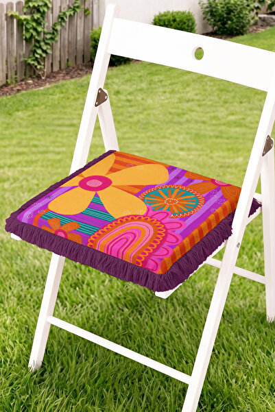 Realhomes Fringed Zippered Chair Cushion with Large Floral and Striped Pop Ar...
