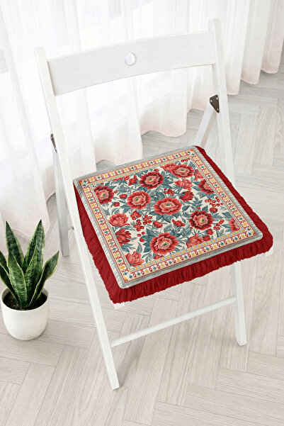 Realhomes Red Floral and Leaf Pattern Fringed Zippered Chair Cushion - Vintag...