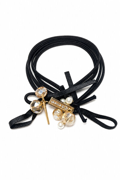 Jack Ferrero Black Elastic Hair Tie with Yellow Stones and Pearl Detailing, S...