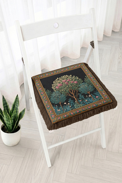 Realhomes Framed Tree and Leaf Pattern Fringed Zippered Chair Cushion - Vinta...
