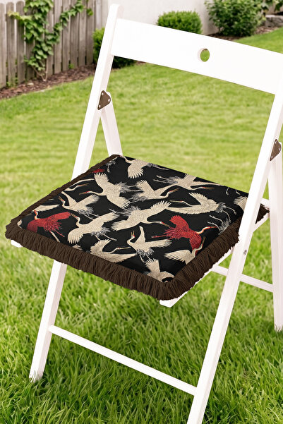 Realhomes Flying Crane Patterned Fringed Zippered Chair Cushion - Vintage Bir...