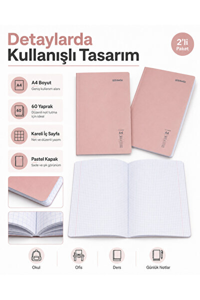 Umur My Note A4 Kareli Pastel Defter 2’li Set 60 Yaprak 60 gr – Okul, Ünivers...