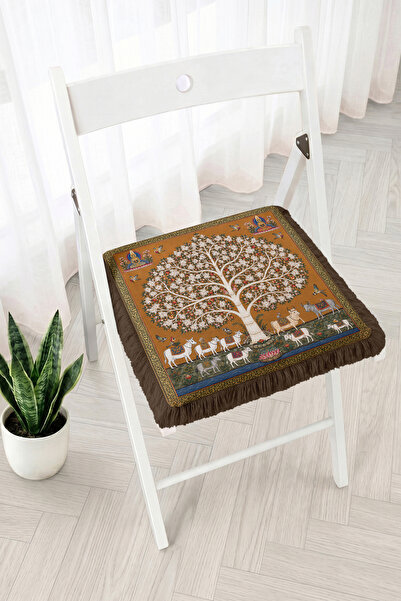 Realhomes Tree of Life and Cow Figured Fringed Zippered Chair Cushion - Ethni...