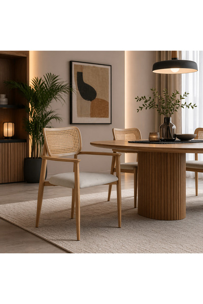 LastHome Elegant Leather & Rattan Chair - Beige