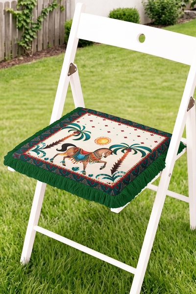 Realhomes Desert Camel and Palm Tree Figured Fringed Zippered Chair Cushion -...
