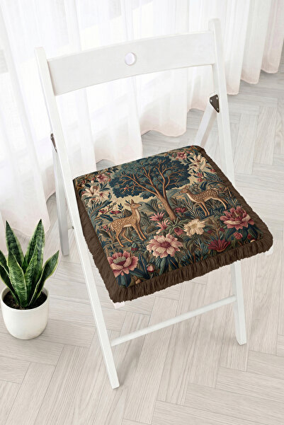 Realhomes Deer and Floral Forest Scenery Fringed Zippered Chair Cushion - Vin...