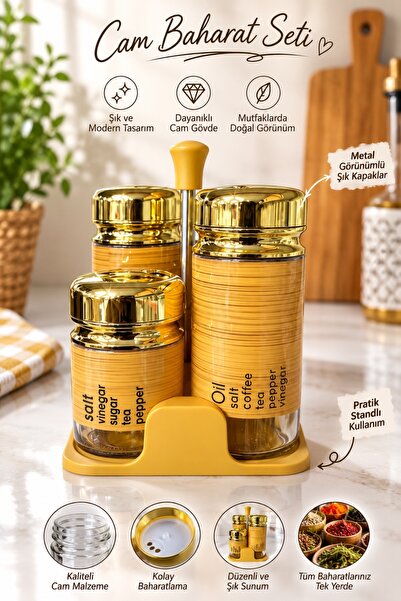 kumkumticaret Glass Spice Rack Set of 4 with Stand, Oil Dispenser, Salt and P...
