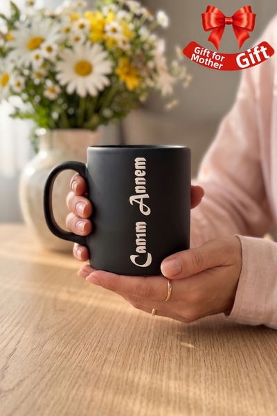 MEG TASARIM DÜNYASI Black Ceramic Mug with the Text "Dear Mom" - Gift for Mom...