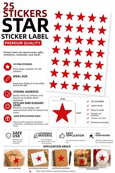 Organizasyon Pazarı 25 τεμάχια αυτοκόλλητο Red Star 4 cm Διακοσμητική ετικέτα...