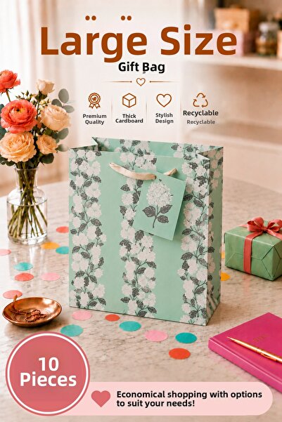 Daks 10 Pcs (32 X 26 X 14 cm) - Large Size Cardboard Gift Bag with Mint Flora...