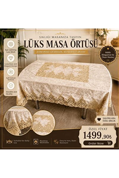 çeyizköşesi Sultan Velvet Fabric French Laced Luxury Tablecloth with a Center...