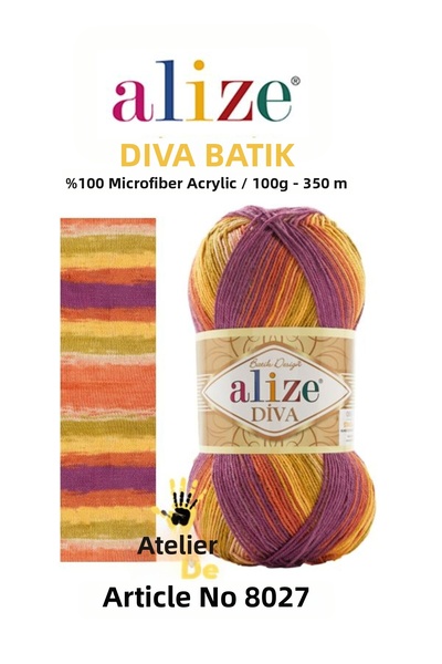 Alize Diva Batik 8027 100% Microfiber Acrylic (100Gr 350m) Single Yarn 17 Dif...