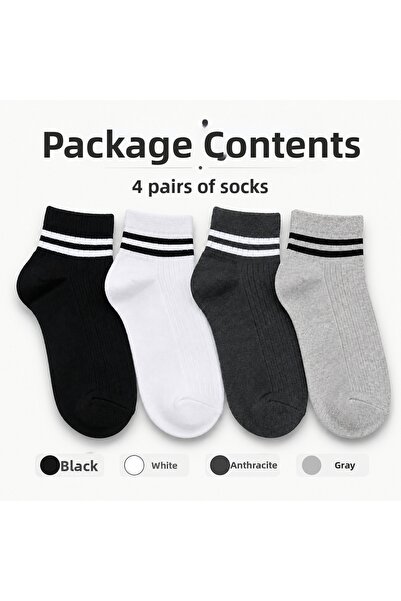 OUS Set of 4 Striped Ankle Socks Black White Anthracite Gray Ribbed Casual Sp...