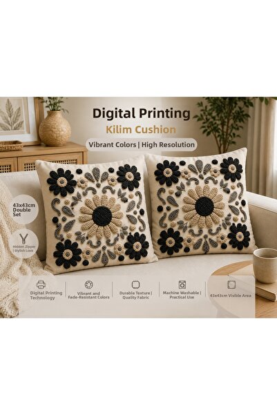 Ahsen Dekoratif Vintage Daisy Garden Decorative Cushion Cover 43X43 cm Set of 2