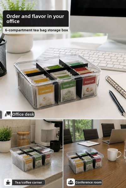 WOODCAP 6 Compartment Bag Herbal Tea Storage Box Organizer