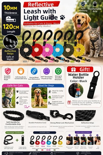 PAWNEST طوق عاكس للقطط والكلاب مقاس 10 مم × 120 سم + جهاز حمل زجاجة الماء هدية