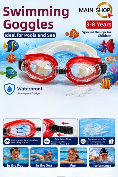 MAİN SHOP Children's Swimming Goggles for Ages 3-8 - Anti-Fog Adjustable Pool...