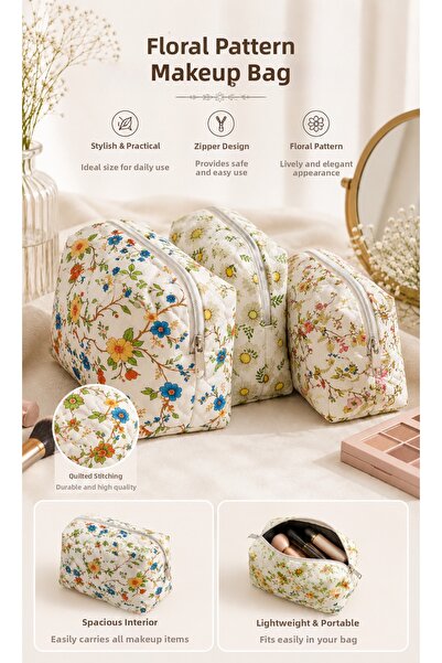 MAQYA KOZMETİK Floral Pattern Women's Makeup Bag Set Zipper Cosmetic Bag Orga...