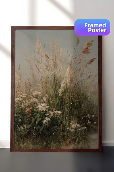 Zestia Pictură murală vintage, cu stufă și flori sălbatice, înrămată maro Nr....