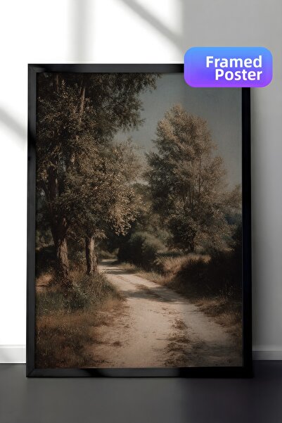 Zestia Pictură murală vintage, Drumul în pădure în umbră, înrămată în negru N...