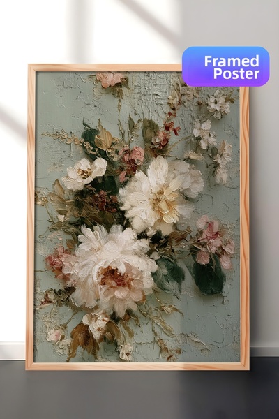 Zestia Pictură murală vintage, buchet de flori în tonuri deschise, înrămată î...
