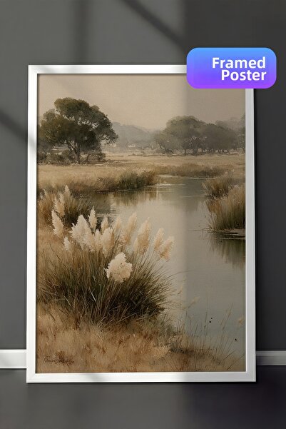 Zestia Vintage Wall Art Painting, Reeds and Riverbank with White Frame No: 20211