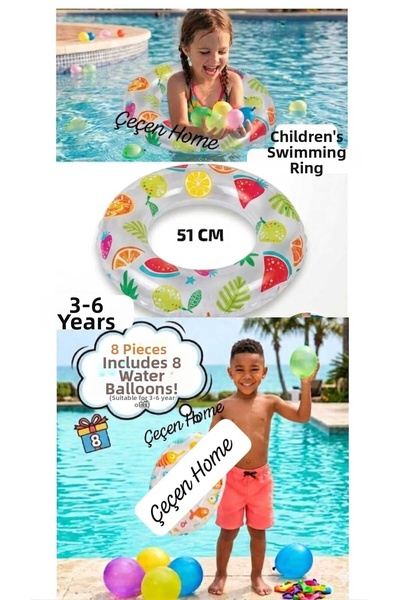 ÇEÇEN HOME (1 Piece) Printed Children's Lifebuoy 51 Cm, 8 Water Balloons Are ...