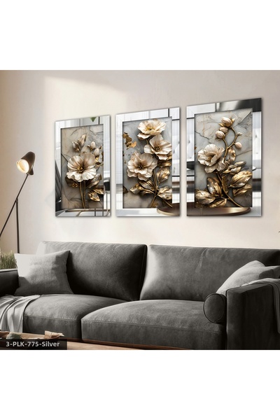 Evinemoda Gold Sparkling Textured Appearance Flower 3 Piece Plexi Mirrored Table