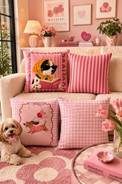 EVPANYA Pink Cute Dog Patterned 4-Piece Throw Pillow Cover Set