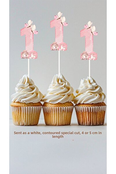 Sinek Kupası Tasarım Pink Butterfly 1 Year Old Themed Concept Toothpick Cupca...