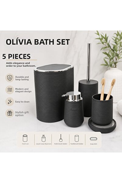 kasımoğulları concept Olivia Anthracite 5 Piece Bathroom Set – Modern Striped...