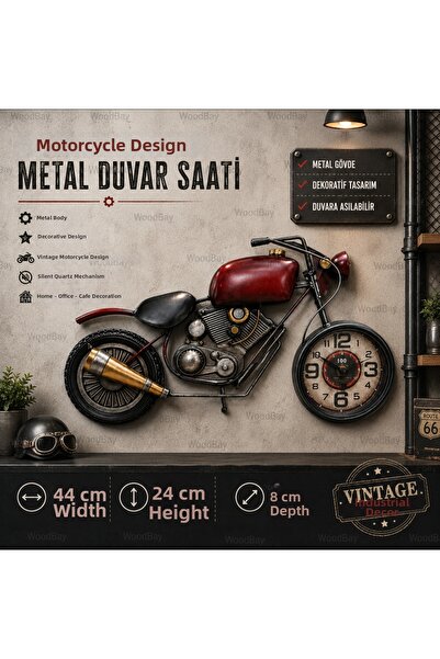WoodBay Motorcycle Design Metal Wall Clock 44X24 cm Vintage Decorative Clock ...