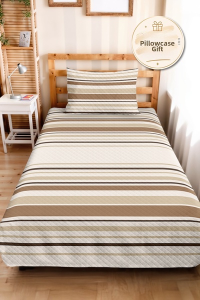 Evimde Bambaşka Striped Beige Bohemian Single Pique Set - Geometric Brown Cre...