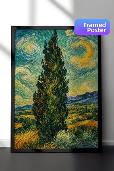 Zestia Pictură murală inspirată de Van Gogh cu arbore de chiparos, efect de v...