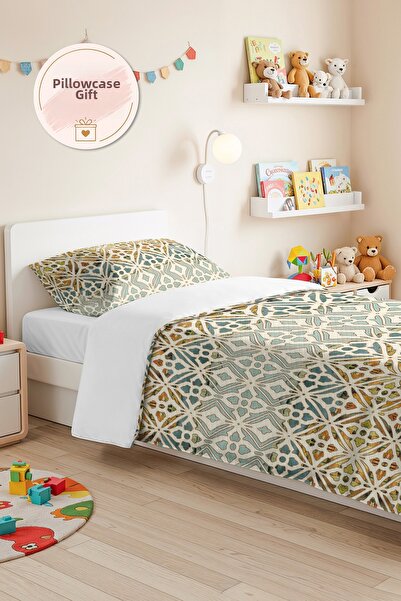 Evimde Bambaşka Turquoise Geometric Youth Room Single Pique Set - Ethnic Must...