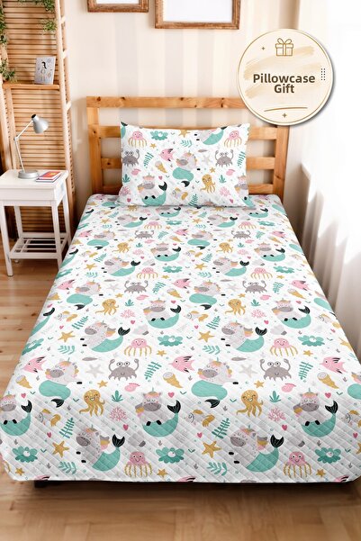 Evimde Bambaşka Mermaid Mint Children's Room Single Pique Set - Pastel Pink 1...