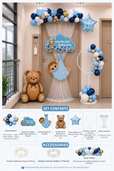 HAPPYLOOPPARTY Welcome Baby Boy Baby Shower Hospital Room Door Decoration Set Blue White Gold Navy Blue Teddy Bear Door Tulle with Balloon Stand and Foil Balloons