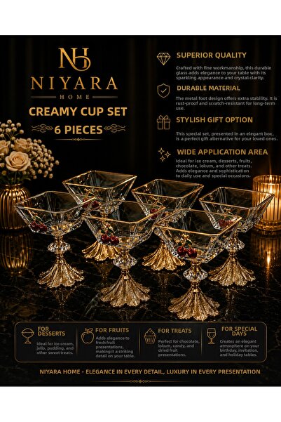 Niyara home - Ice Cream Bowl Set 6 Pieces with Glass and Metal Legs