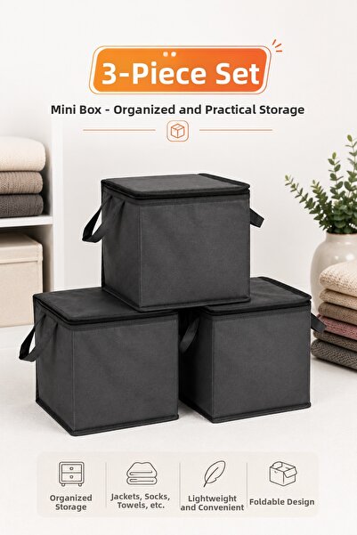 Pazar Kapısı Set of 3 Mini Storage Bags Anthracite 25X25X25 cm Zippered Socks...