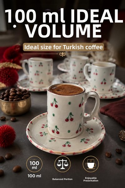 L'eDoren 6-Person Ceramic Coffee Cup Set with Round Presentation Plate Porcelain Turkish Coffee Cup Set
