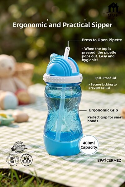 MUF HOME 400 ml Children's Water Bottle with Straw - Practical Easy-Open Stra...
