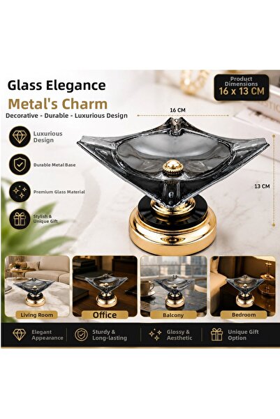HEDİYE FİKRİ Glass Ashtray with Metal Legs, Decorative, Stylish Design, 16X13 cm