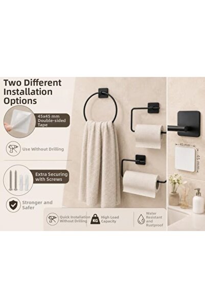 Yıldızan Meala Kozmetik Store 3-Piece Black Bathroom Set, Adhesive and Screw-...