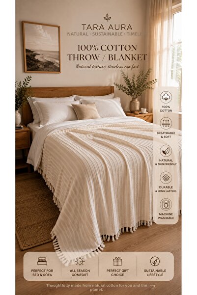 TaraAura Beige Striped, 100% Cotton Double 3-Layer Muslin Bedspread