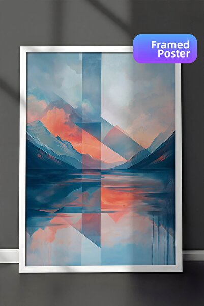 Zestia Pictură murală cu artă abstractă în ramă albă, Oglindă de munte și lac...