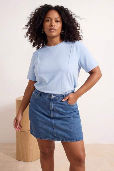 Trendyol Curve Dark Blue High Elastic Waist Mini 100% Cotton Non-Stretch Deni...
