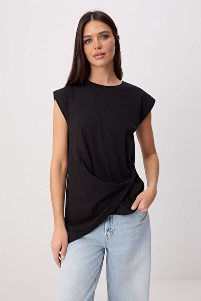 Trendyol Collection Black Plain Regular Crew Neck Low Sleeve Short 100% Cotto...