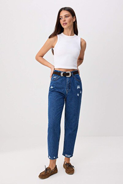 Trendyol Collection Dark Blue High Waist 100% Cotton Non-Stretch Mom Jeans Tw...