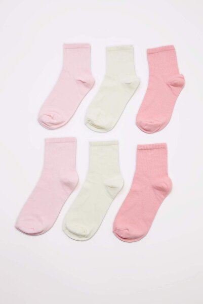 Trendyol Collection Ecru-Pink 6-Piece Cotton Plain Jacquard Knitted Socks Thm...